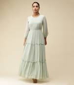 Round Neck 3/4Th Sleeves Solid Pleated Long Dress by LABEL