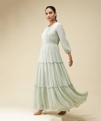 Round Neck 3/4Th Sleeves Solid Pleated Long Dress by LABEL 2