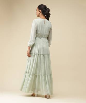 Round Neck 3/4Th Sleeves Solid Pleated Long Dress by LABEL 3