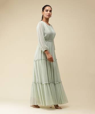 Round Neck 3/4Th Sleeves Solid Pleated Long Dress by LABEL 4