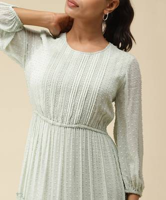 Round Neck 3/4Th Sleeves Solid Pleated Long Dress by LABEL 5