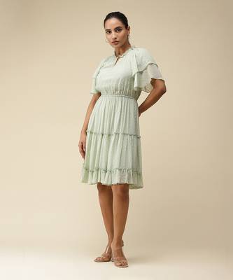V-Neck Ruffled Sleeves Solid Pleated Short Dress 1