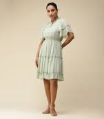 V-Neck Ruffled Sleeves Solid Pleated Short Dress