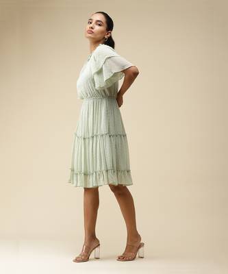 V-Neck Ruffled Sleeves Solid Pleated Short Dress 2
