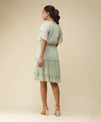 V-Neck Ruffled Sleeves Solid Pleated Short Dress 3