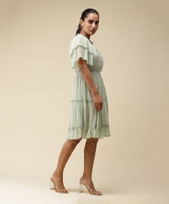 V-Neck Ruffled Sleeves Solid Pleated Short Dress 4