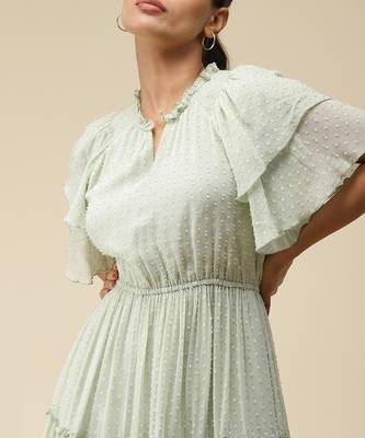 V-Neck Ruffled Sleeves Solid Pleated Short Dress 5