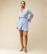 V-Neck Full Sleeves Solid Wrap Short Dress by LABEL
