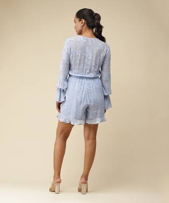 V-Neck Full Sleeves Solid Wrap Short Dress by LABEL 3