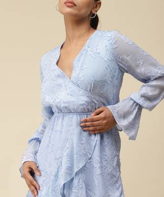 V-Neck Full Sleeves Solid Wrap Short Dress by LABEL 5