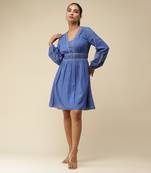 V-Neck Full Sleeves Solid Short Dress by LABEL