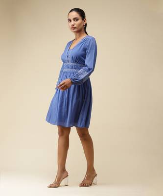 V-Neck Full Sleeves Solid Short Dress by LABEL 2