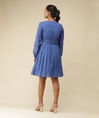 V-Neck Full Sleeves Solid Short Dress by LABEL 3