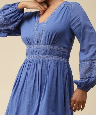 V-Neck Full Sleeves Solid Short Dress by LABEL 5