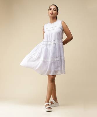 Hi-Neck Sleeveless Solid Short Dress With Embroidery 1