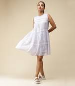 Hi-Neck Sleeveless Solid Short Dress With Embroidery