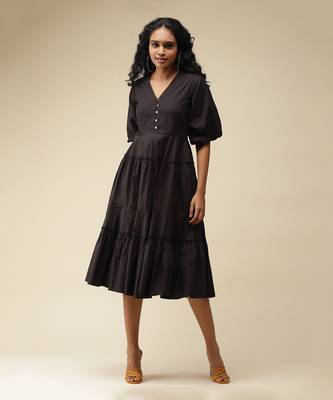 V-Neck With Balloon Sleeves Solid Long Dress Dress 1