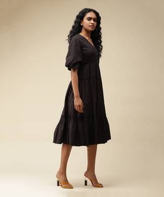 V-Neck With Balloon Sleeves Solid Long Dress Dress 4