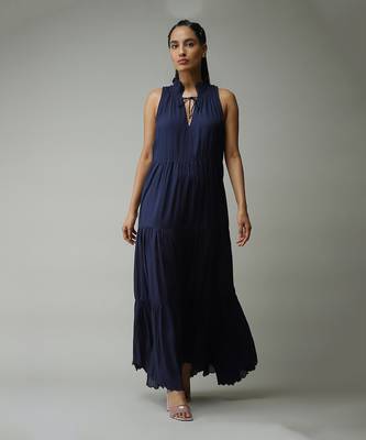 V-Neck Sleeveless Solid Crushed Long Dress by LABEL 1