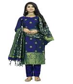 JHEENU Women's Navy Blue Banarasi Jacquard Woven Design Unstitched Dress Material 