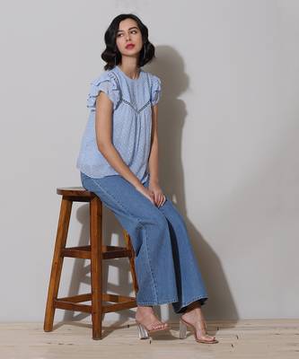 Round Neck Ruffled Sleeves Solid Short Top 1