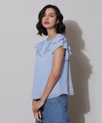 Round Neck Ruffled Sleeves Solid Short Top 2
