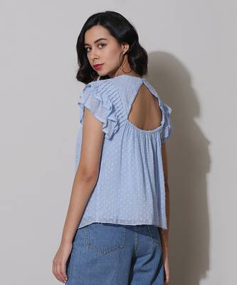 Round Neck Ruffled Sleeves Solid Short Top 3