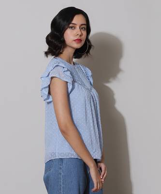 Round Neck Ruffled Sleeves Solid Short Top 4