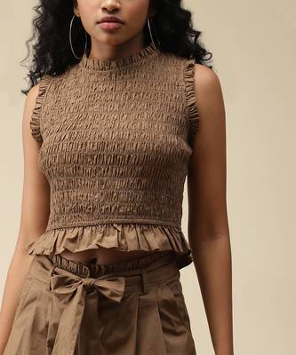 Sleeveless Solid Ruffled Crop Top With Pants Cordset by LABEL 5
