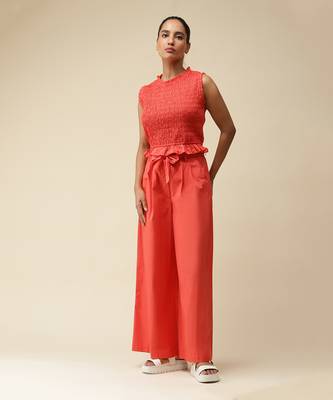 Sleeveless Solid Ruffled Crop Top With Pants Cordset by LABEL 1