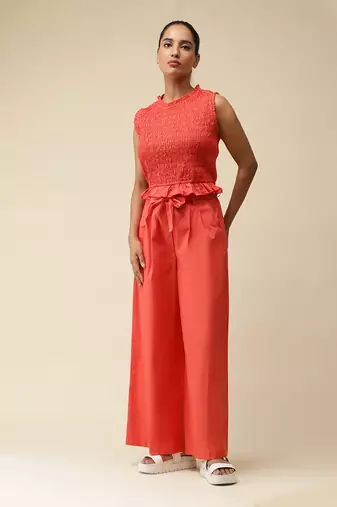 Sleeveless Solid Ruffled Crop Top With Pants Cordset by LABEL