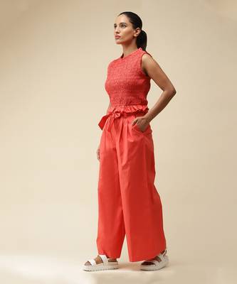 Sleeveless Solid Ruffled Crop Top With Pants Cordset by LABEL 2