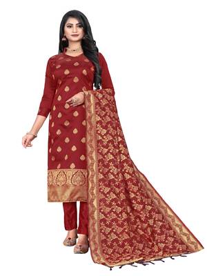 JHEENU Women's Maroon Banarasi Jacquard Woven Design Unstitched Dress Material  1