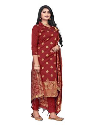 JHEENU Women's Maroon Banarasi Jacquard Woven Design Unstitched Dress Material  3