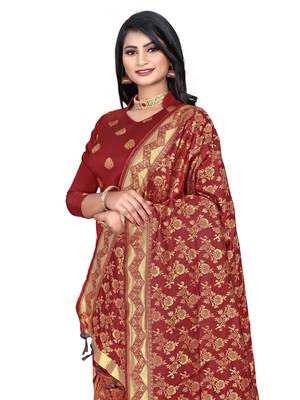 JHEENU Women's Maroon Banarasi Jacquard Woven Design Unstitched Dress Material  4