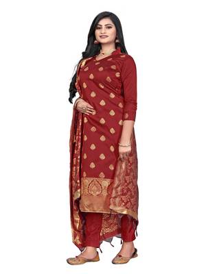 JHEENU Women's Maroon Banarasi Jacquard Woven Design Unstitched Dress Material  5