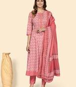 Vbuyz Women'S Print & Gota Patti Anarkali Cotton Peach Stitched Kurta Pant With Dupatta