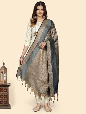 Vbuyz Women'S Art Silk Grey Woven Design Dupatta 1