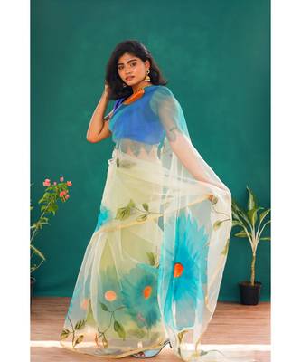 Angarika Sky Blue Organza Hand Printed Saree 1