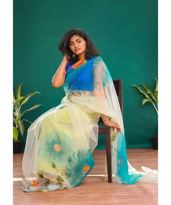 Angarika Sky Blue Organza Hand Printed Saree 2