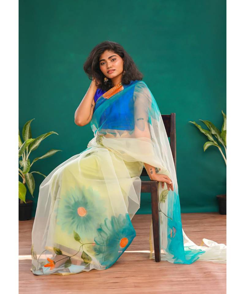 Angarika Sky Blue Organza Hand Printed Saree