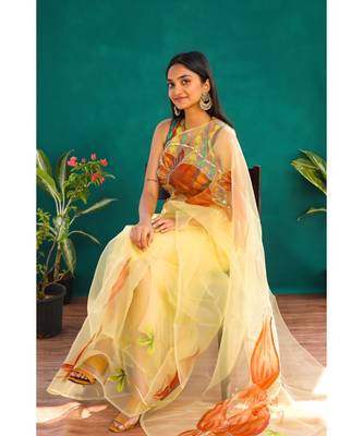 Angarika Yellow Organza Hand Printed Saree 1