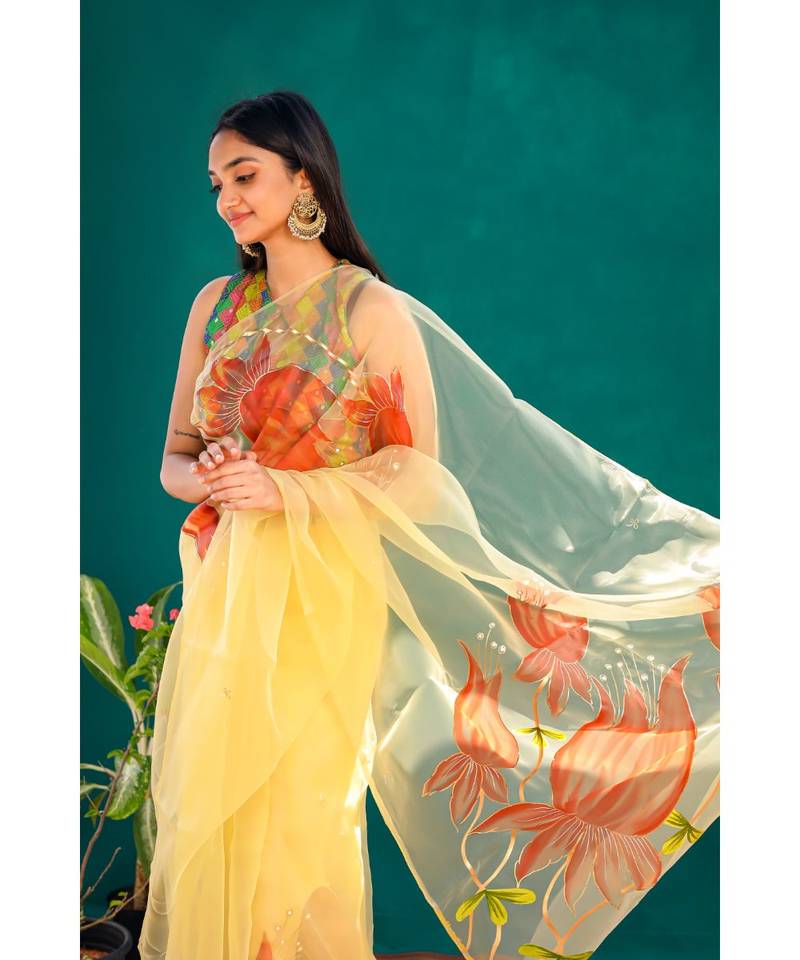 Angarika Yellow Organza Hand Printed Saree