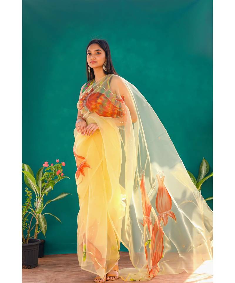 Angarika Yellow Organza Hand Printed Saree