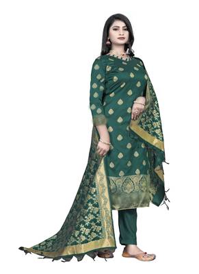 JHEENU Women's Dark Green Banarasi Jacquard Woven Design Unstitched Dress Material  1