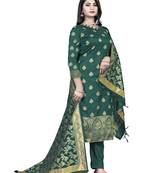 JHEENU Women's Dark Green Banarasi Jacquard Woven Design Unstitched Dress Material 