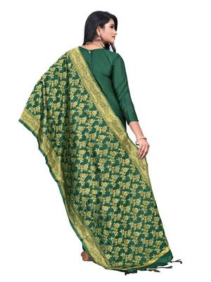 JHEENU Women's Dark Green Banarasi Jacquard Woven Design Unstitched Dress Material  2