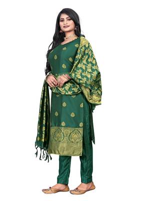 JHEENU Women's Dark Green Banarasi Jacquard Woven Design Unstitched Dress Material  3
