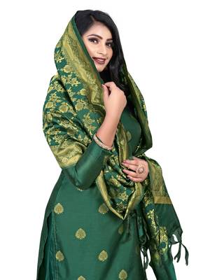 JHEENU Women's Dark Green Banarasi Jacquard Woven Design Unstitched Dress Material  4