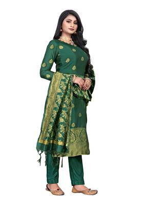 JHEENU Women's Dark Green Banarasi Jacquard Woven Design Unstitched Dress Material  5